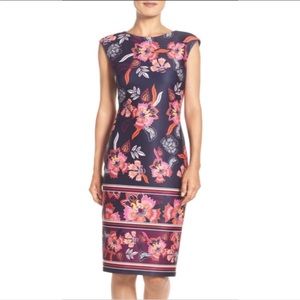 Eliza J Navy Blue and Pink Floral Sleeveless Sheath Dress